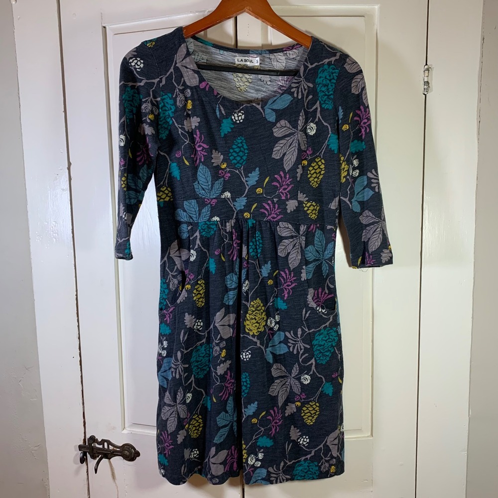L.A. Soul‎ Floral Print Cotton Knit Dress Pocketed Casual Womens Small